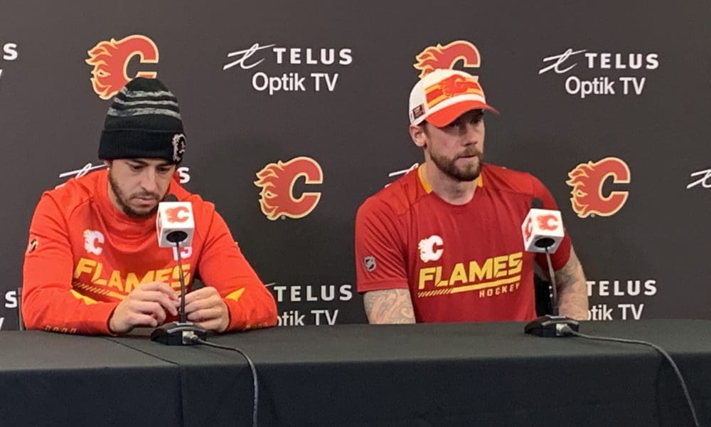 Calgary Flames players Johnny Gaudreau and Jakob Markstrom Talk to the Media