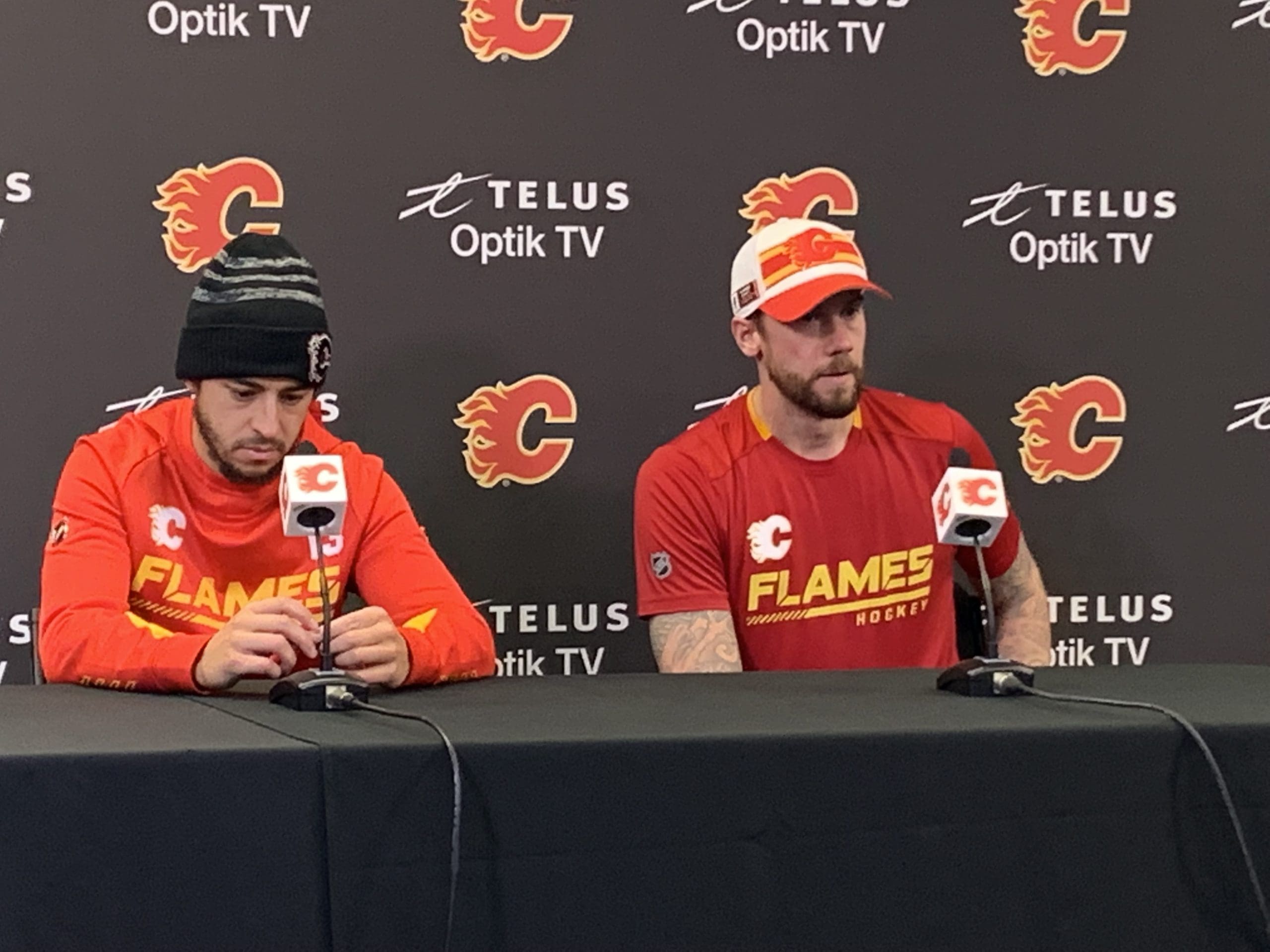 Calgary Flames players Johnny Gaudreau and Jakob Markstrom Talk to the Media