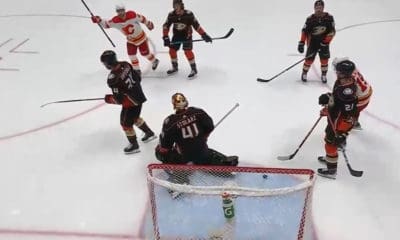 Calgary Flames forward Elias Lindholm celebrates his goal on the Anaheim Ducks