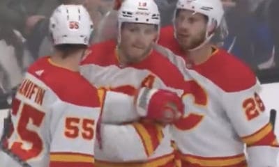 Matthew Tkachuk celebrates his Calgary Flames goal against the San Jose Sharks on April 7, 2022.