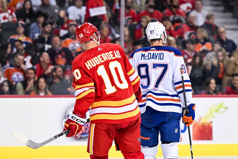 Jonathan Huberdeau and Connor McDavid in the Battle of Alberta